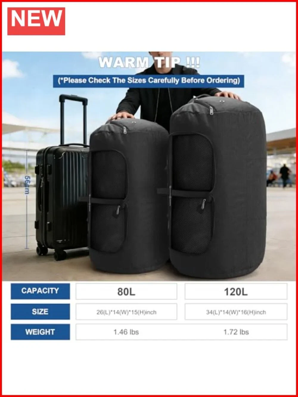 80L Extra Large Foldable Travel Duffle Bag with Shoe Compartment, Waterproof &